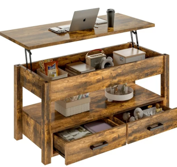 GUNAITO 41.7"Lift Top Coffee Table with Double Drawers and Hidden Compartment,Wooden Coffe Table with storage space for Living Room Rustic Brown