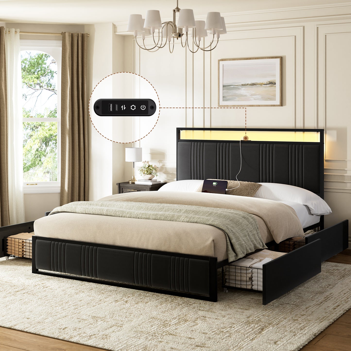 GUNAITO Full Bed Frame with Headboard, Platform Bed with 4 Drawers, Velvet Upholstered Bed Frame with LED Lights & Charging station, Black