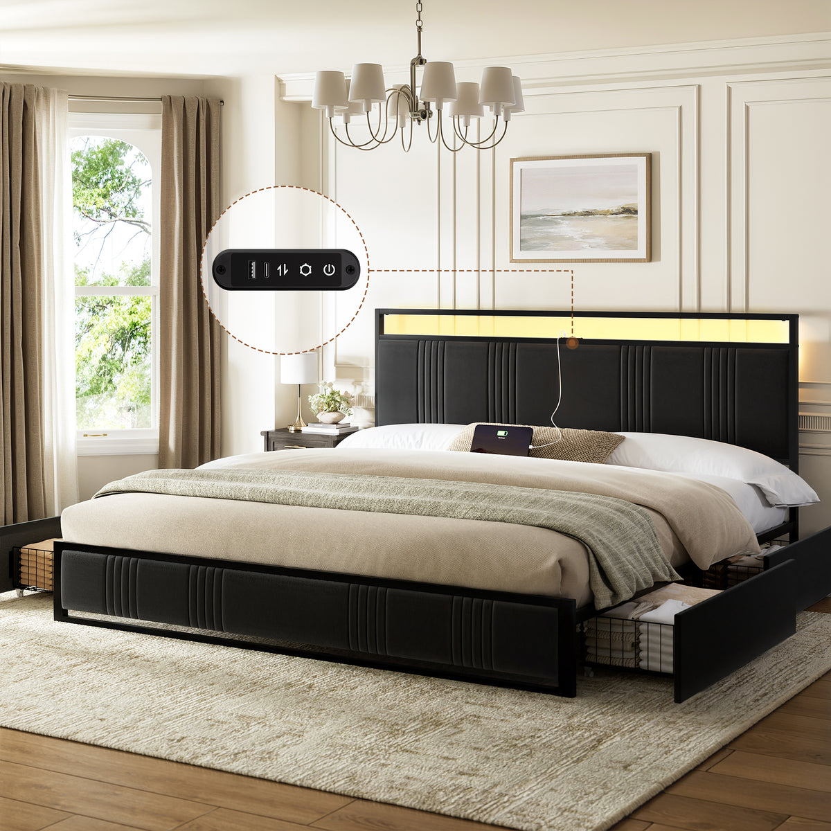 GUNAITO King Bed Frame with Headboard, Platform Bed with 4 Drawers, Velvet Upholstered Bed Frame with LED Lights & Charging station, Black