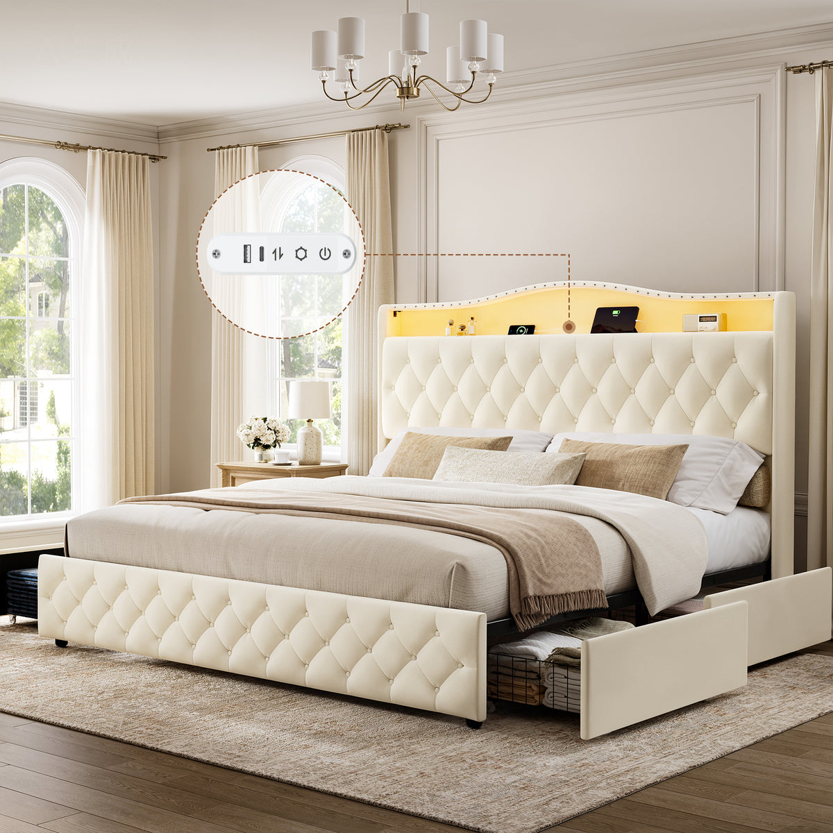 GUNAITO King Size Upholstered Platform Bed Frame, Button Tufted Velvet Bed with 4 Storage Drawers, LED Lights & USB Charging Ports, Noise‑Free Metal Frame with Headboard, No Box Spring Needed, Beige