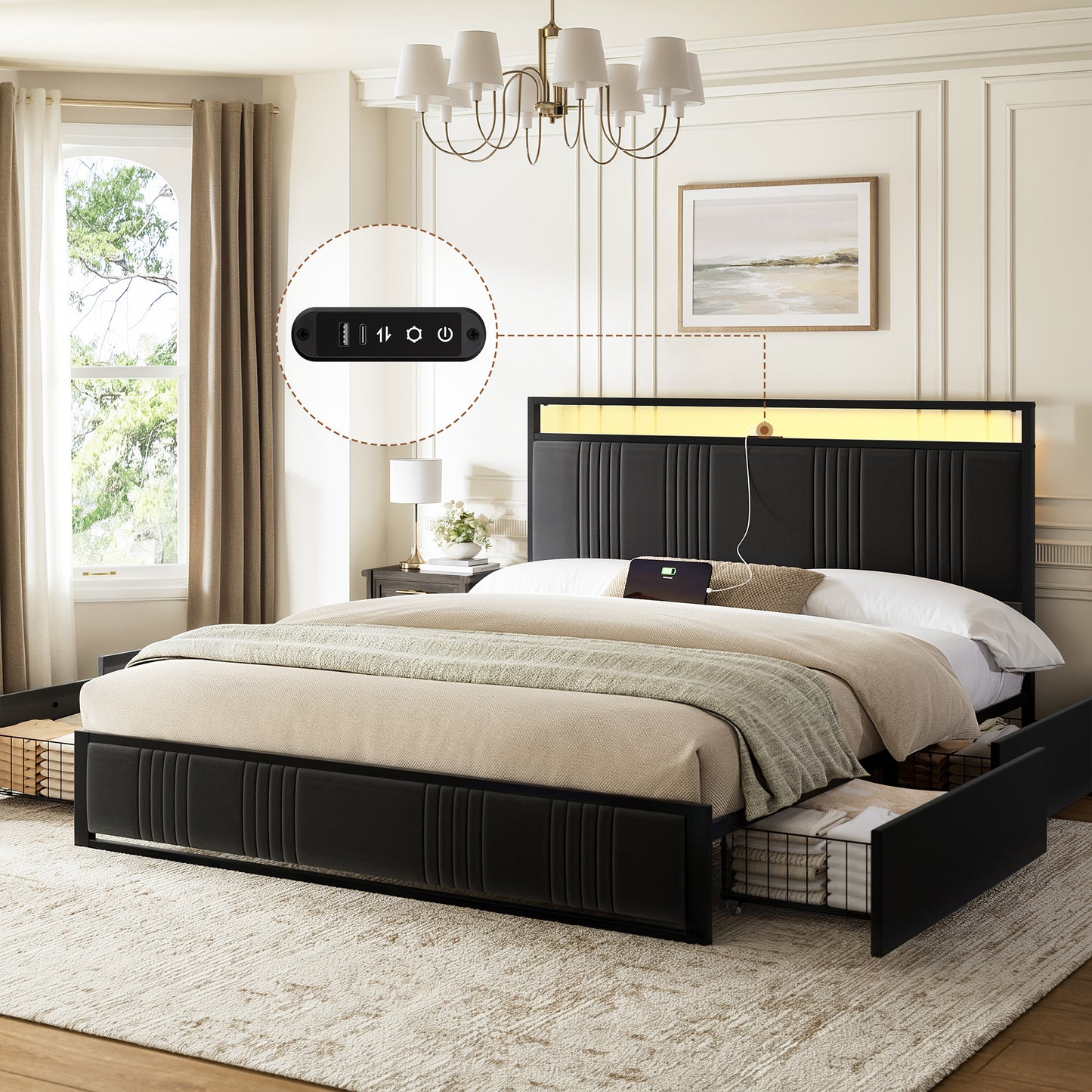 GUNAITO Queen Bed Frame with Headboard, Platform Bed with 4 Drawers, Velvet Upholstered Bed Frame with LED Lights & Charging station, Black