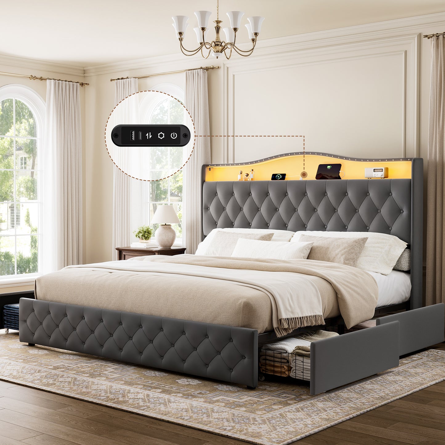 GUNAITO King Size Upholstered Platform Bed Frame with 4 Storage Drawers, Button Tufted Velvet Bed, LED Lights & USB Charging Ports, Noise‑Free Metal Frame with Headboard, No Box Spring Needed, Grey