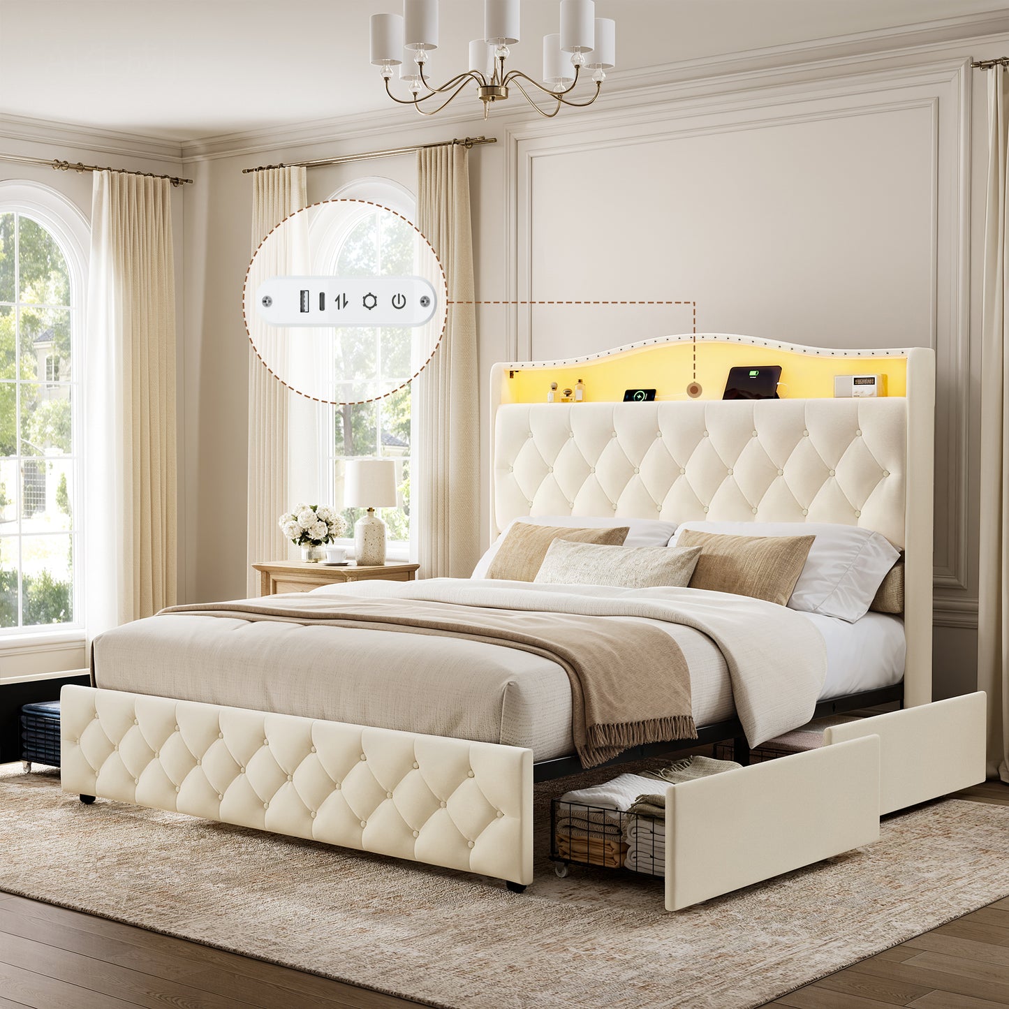 GUNAITO Full Size Upholstered Platform Bed Frame, Button Tufted Velvet Bed with 4 Storage Drawers, LED Lights & USB Charging Ports, Noise‑Free Metal Frame with Headboard, No Box Spring Needed, Beige