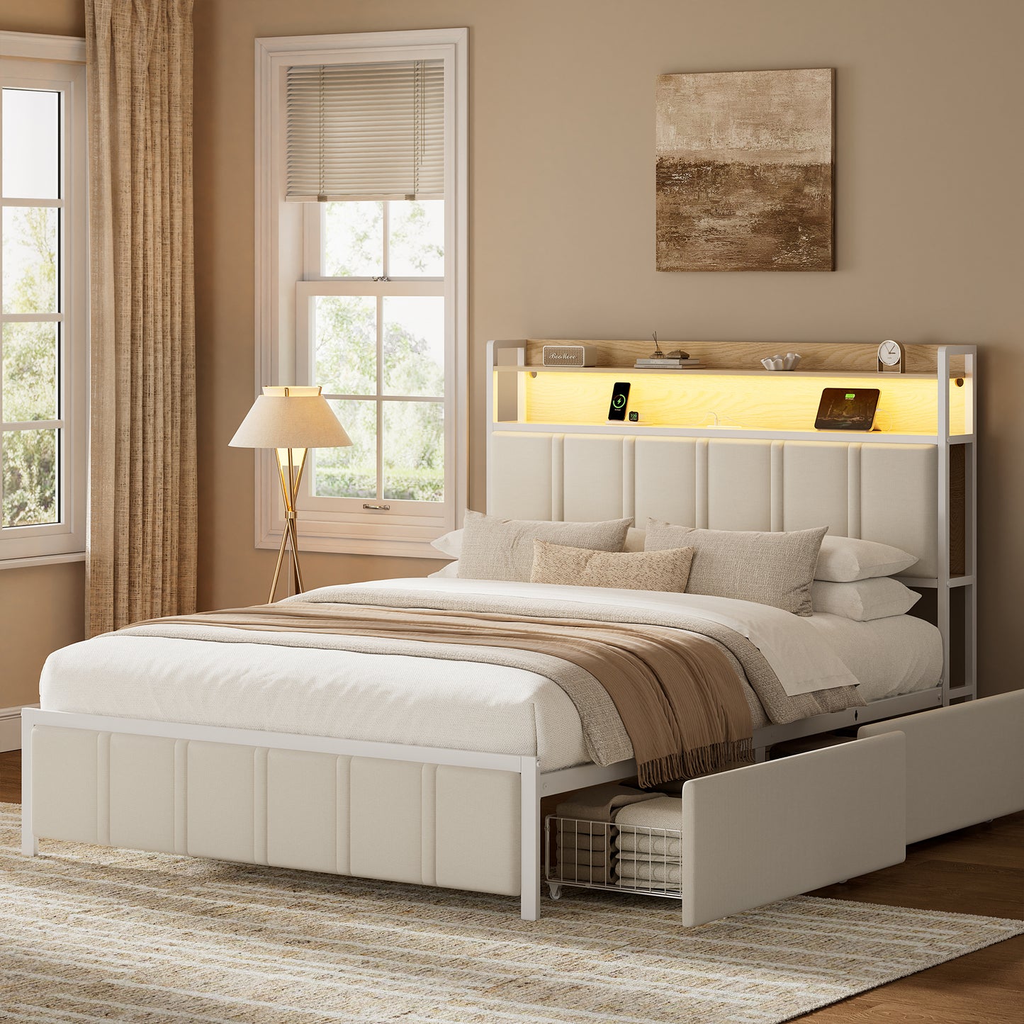 GUNAITO Full Bed Frame with Storage Headboard, 2 Drawers Platform Velvet Upholstered LED Bed Frame with USB Ports & Outlets Beige