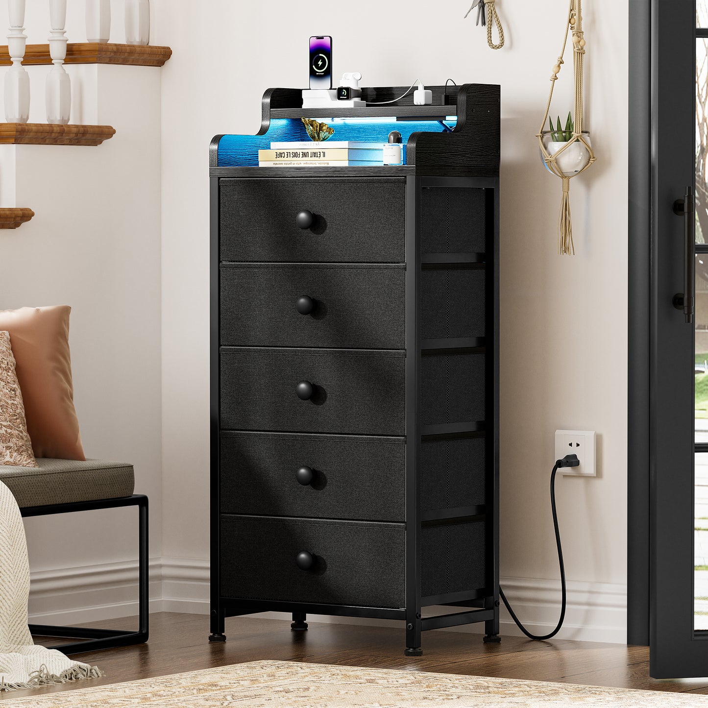 GUNAITO 5 Drawer Dresser for Bedroom with LED Lights and Power Outlets Sturdy Steel Frame Tall Dresser Wooden Top Fabric Drawers Black