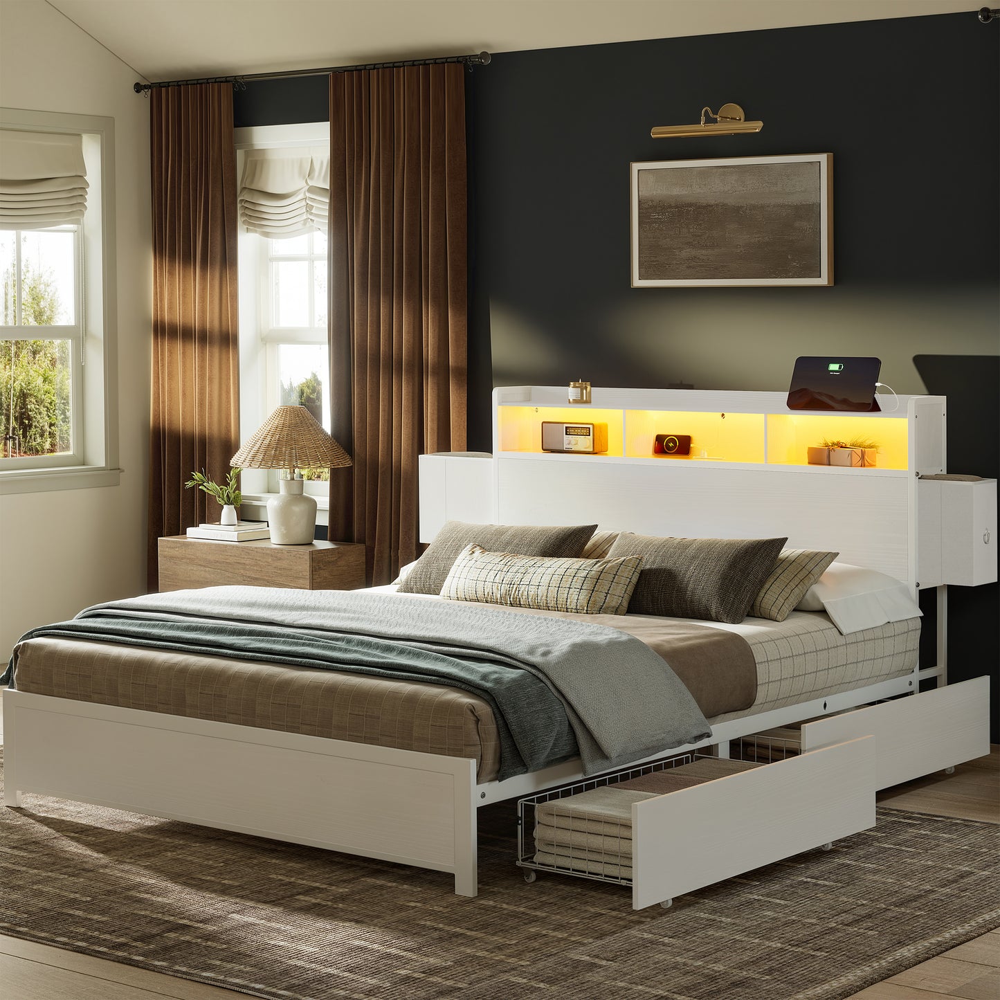 GUNAITO Full Bed Frame with 2 Drawers Headboard Platform Bed Frame with LED Lights Charging Station White
