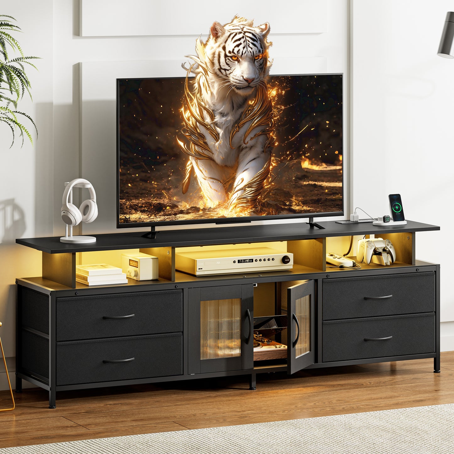 GUNAITO TV Stand for TV up to 75", Big TV Stand for Living Room Entertainment Center with LED Lights and Storage , Black