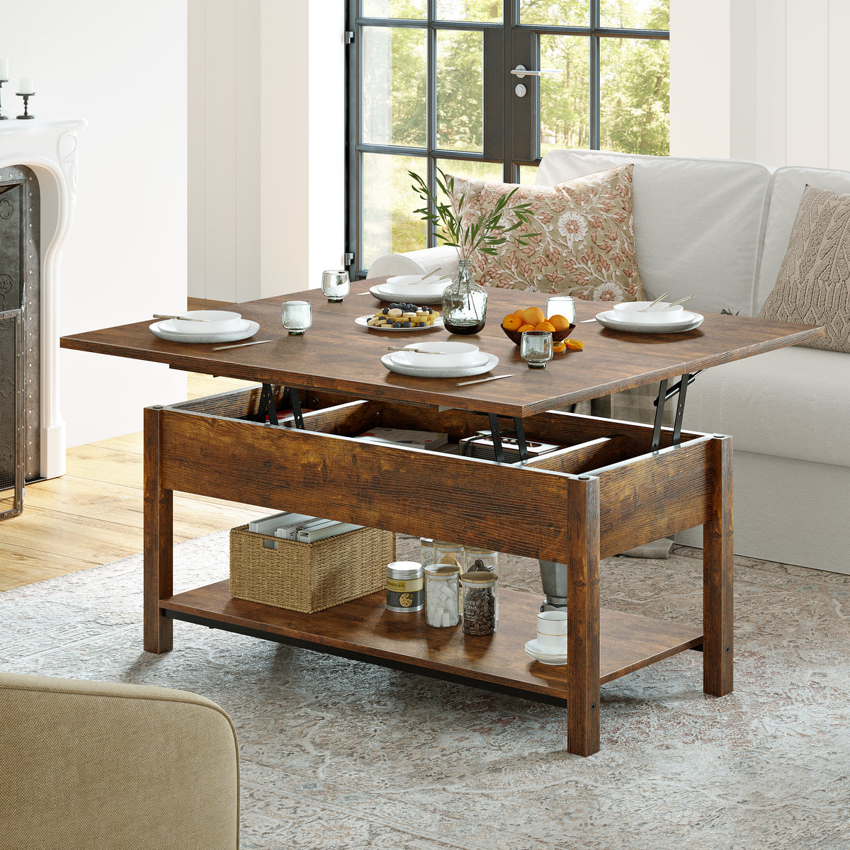 REAHOME 41.73"Lift Top Coffee Table 4 in 1 Multi-Function Convertible Coffee Table with Hidden Storage Framhouse Coffee Table for Living Room Rustic Brown