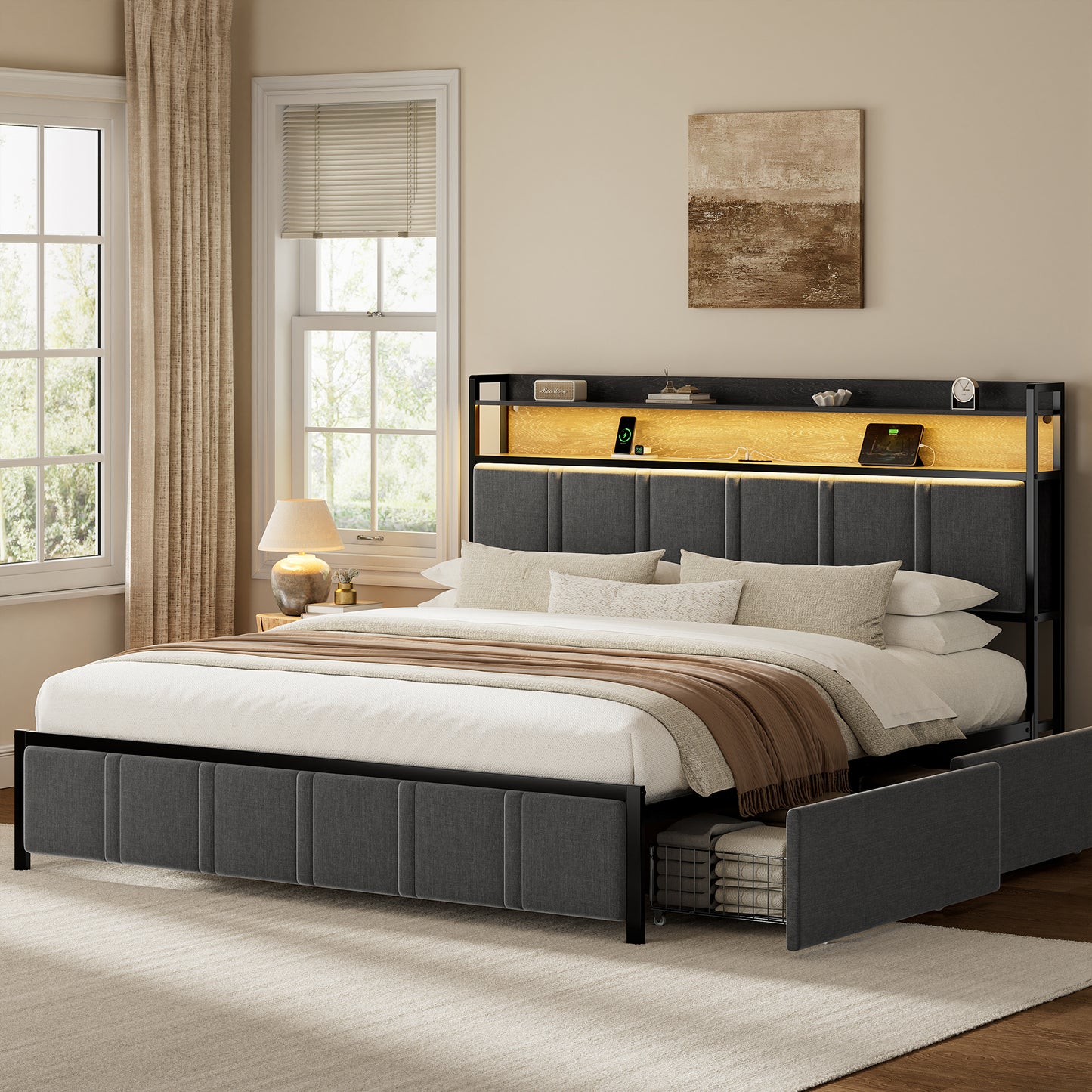 GUNAITO King Bed Frame with Storage Headboard, 2 Drawers Platform Velvet Upholstered LED Bed Frame with USB Ports & Outlets Gray