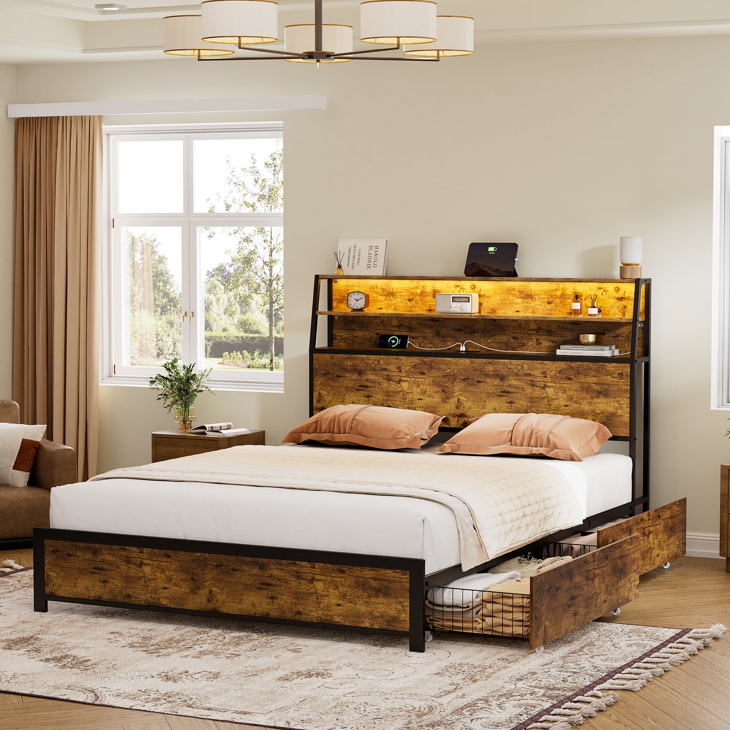 GUNAITO Full Bed Frame with 2 Drawers Headboard Platform LED Bed Frame with 2 Storage Drawers USB Ports & Outlets Rustic Brown