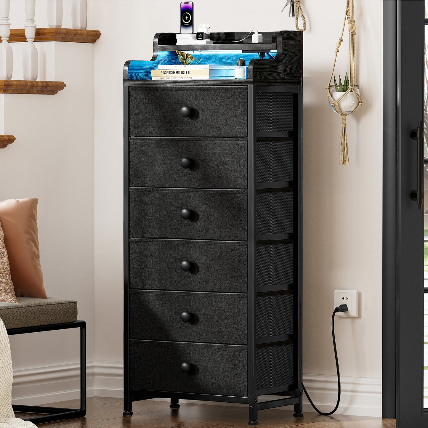 GUNAITO Dresser for Bedroom with Charging Station and LED Lights, 6 Drawers Dresser Black Chest of Drawers with Shelves, Tall Night Stand with Sturdy Steel Frame & Wood Top for Bedroom - Black Grey