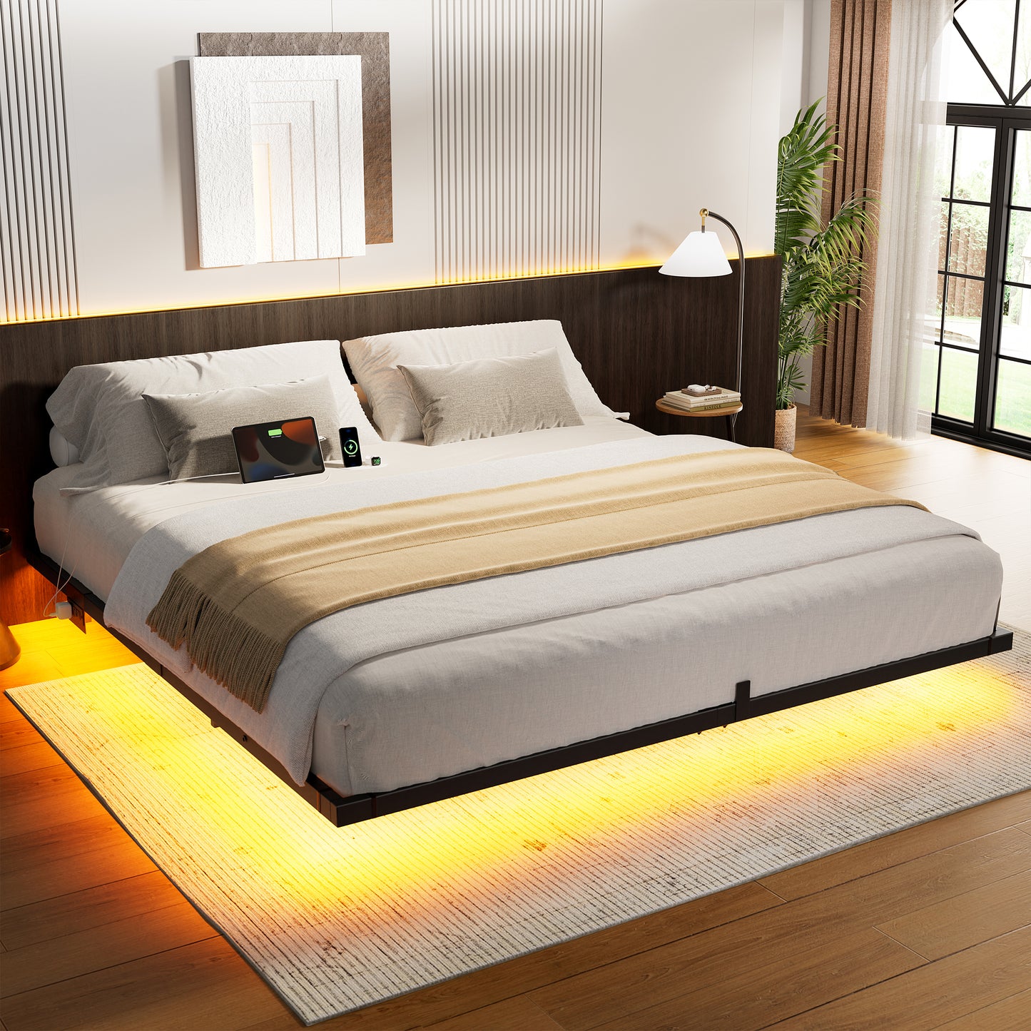 GUNAITO King Size Floating Bed Frame Metal Platform Bed with LED Lights & Charging Station Modern Bed No Box Spring Required,Black