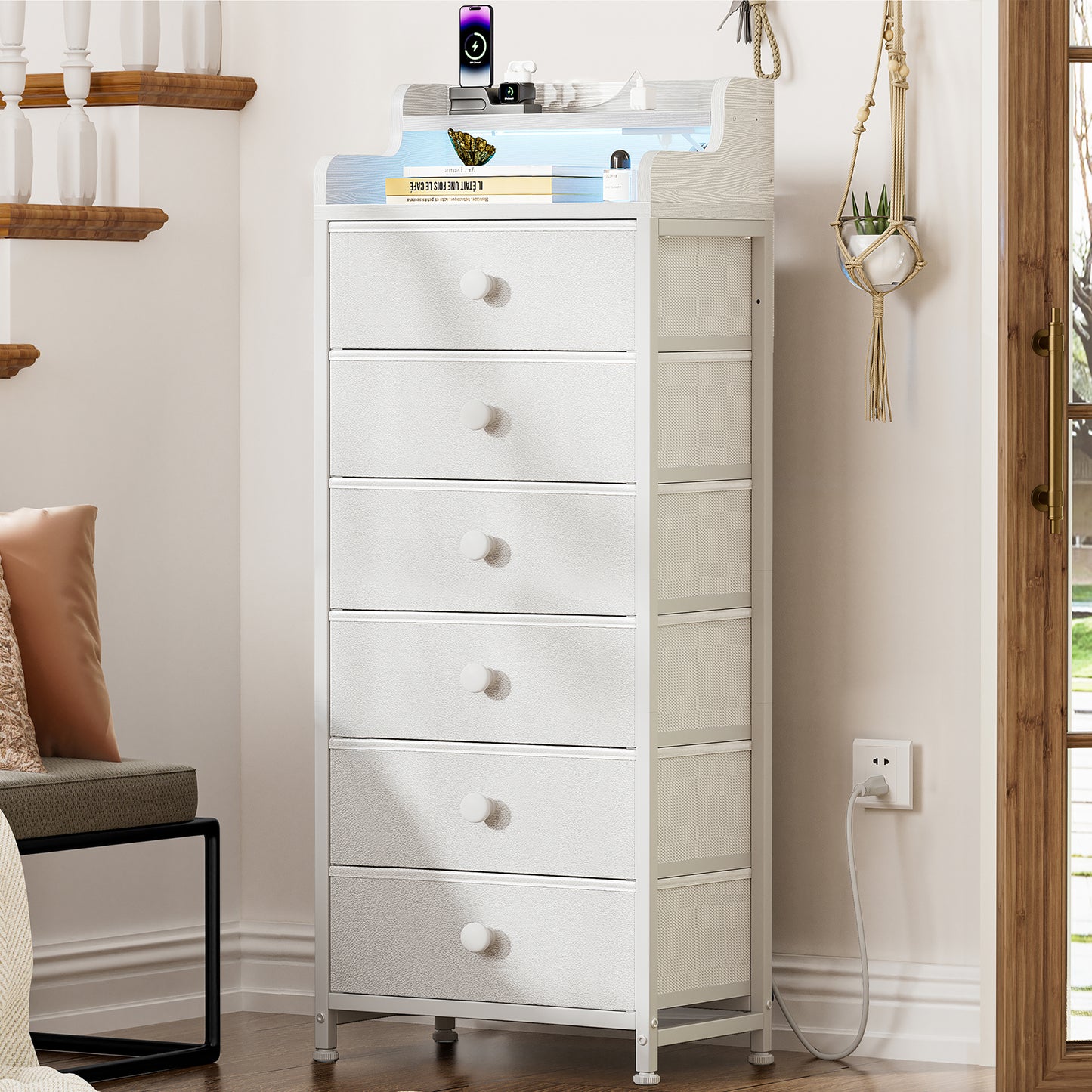GUNAITO 6 Drawer Dresser for Bedroom with Charging Station and LED Lights, White Chest of Drawers with with Shelves, Tall Night Stand with Sturdy Steel Frame & Wood Top for Bedroom - Leather White