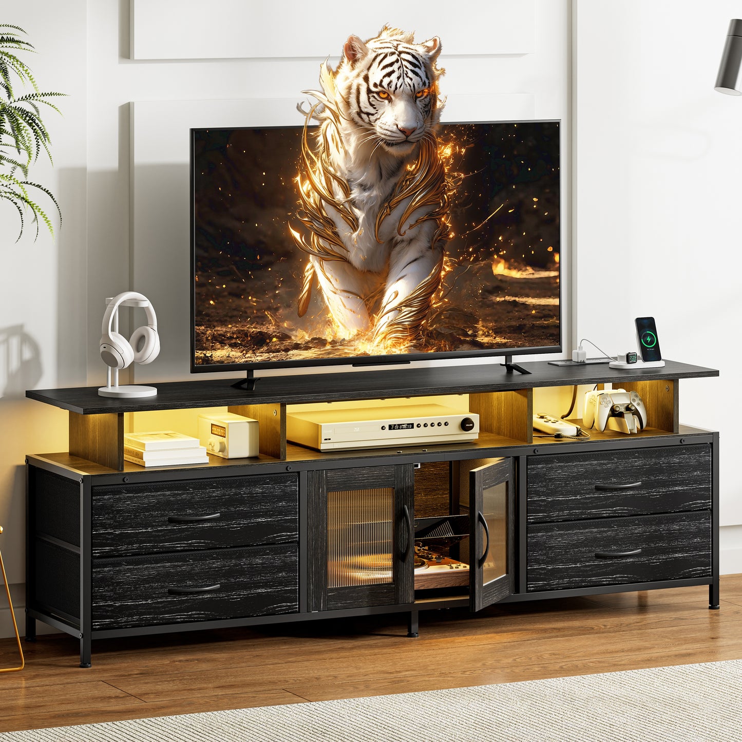 GUNAITO TV Stand for TV up to 75", Big TV Stand for Living Room Entertainment Center with LED Lights and Storage , Black oak