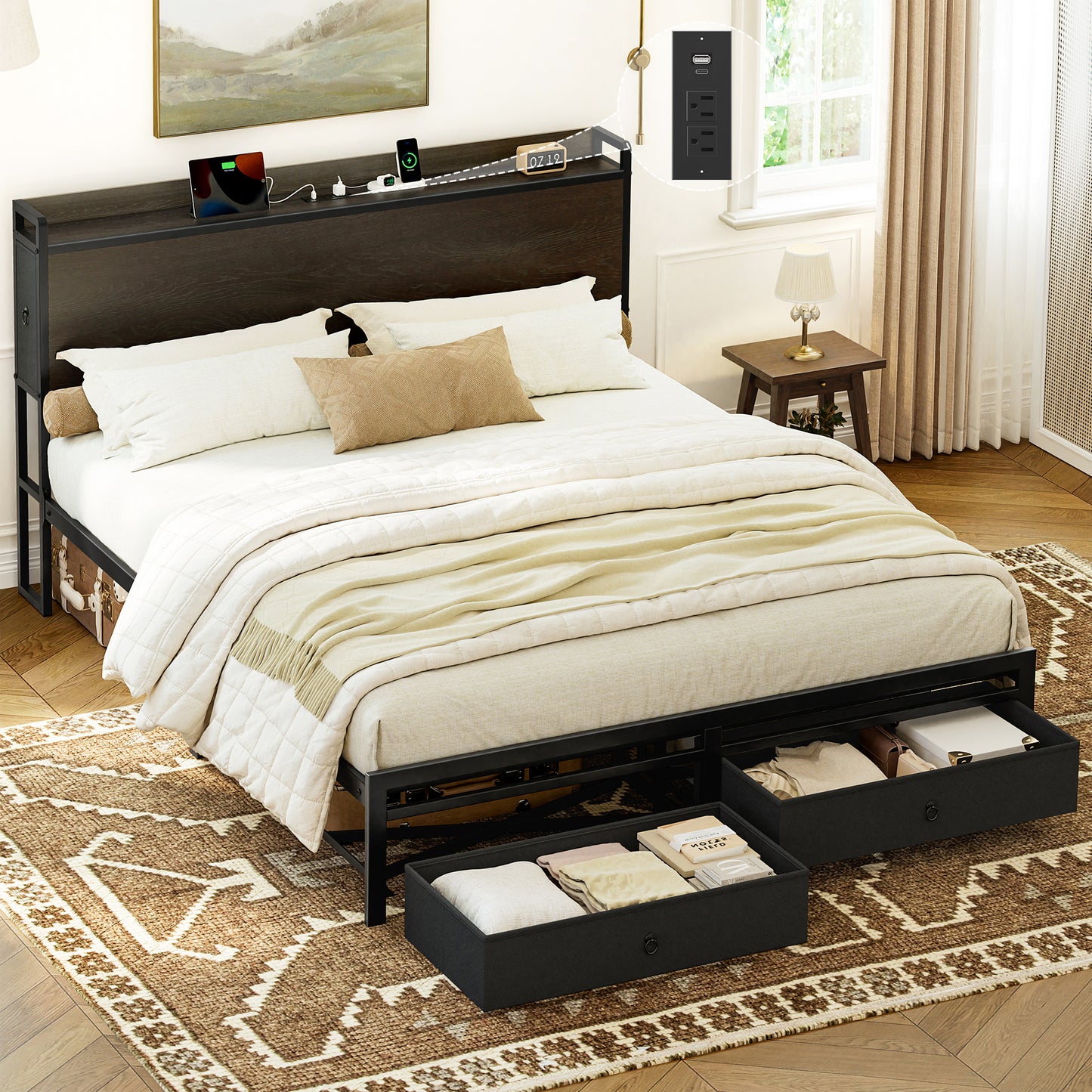 GUNAITO King Bed Frame with Storage Headboard Platform Bed with 2 Drawers Metal Bed with Charging Station, Dark Brown