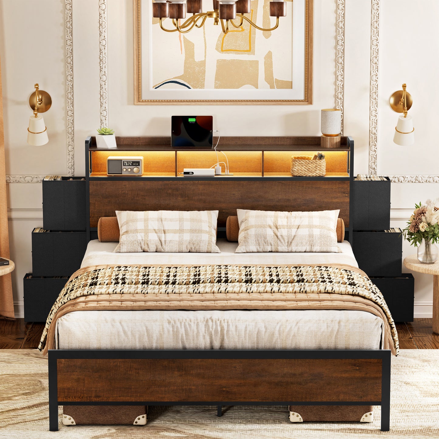 GUNAITO Queen Bed Frame with 6 Drawers Storage Headboard Platform Bed LED Bed Frame with USB Ports & Outlets Rustic Brown