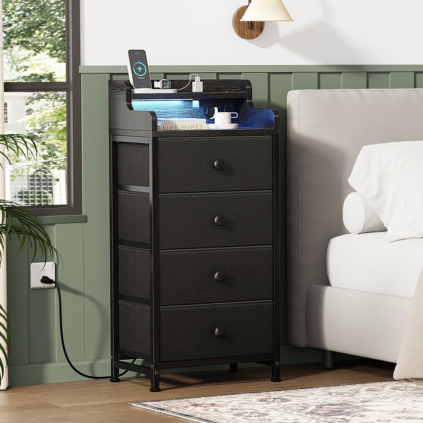 GUNAITO Dresser for Bedroom with Charging Station and LED Lights, 4 Drawers Dresser Black Chest of Drawers with Shelves, Tall Night Stand with Sturdy Steel Frame & Wood Top for Bedroom - Black Grey
