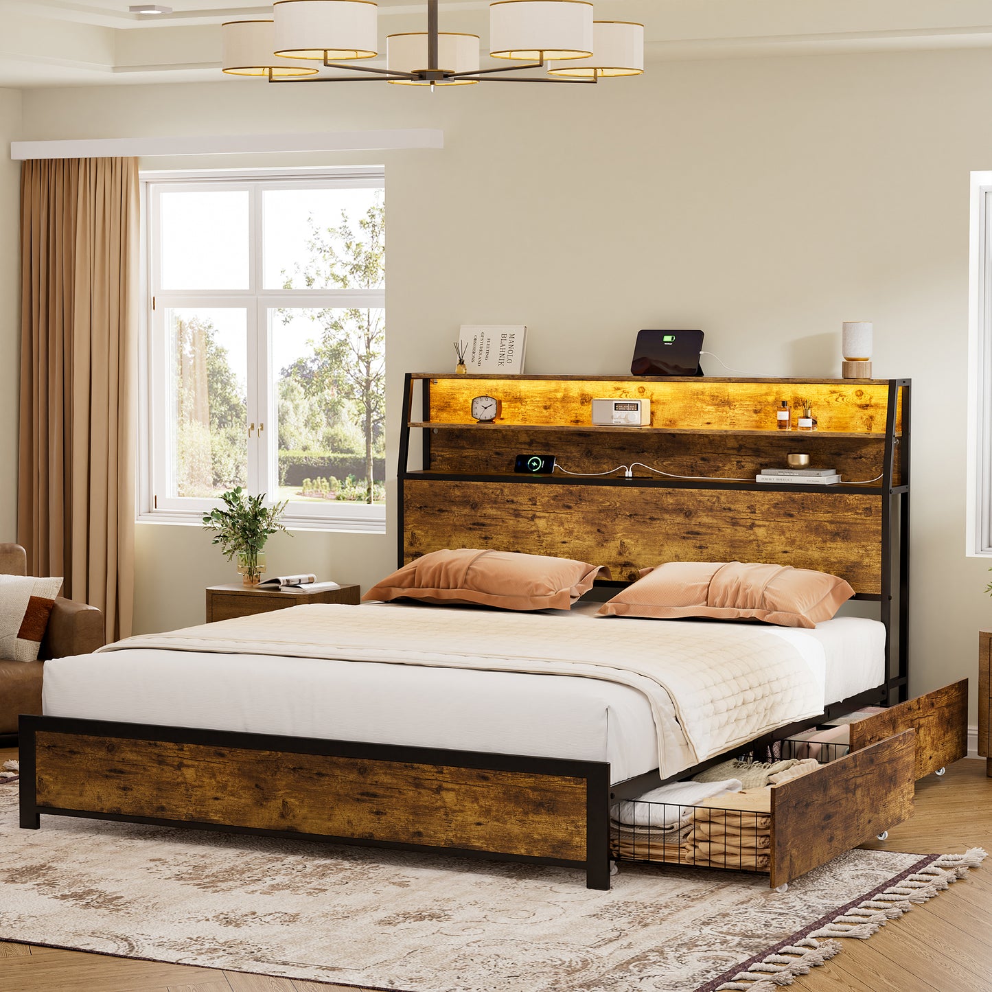 REAHOME Queen Bed Frame with Storage Headboard, 2 Drawers Platform LED Bed Frame with USB Ports & Outlets Rustic Brown