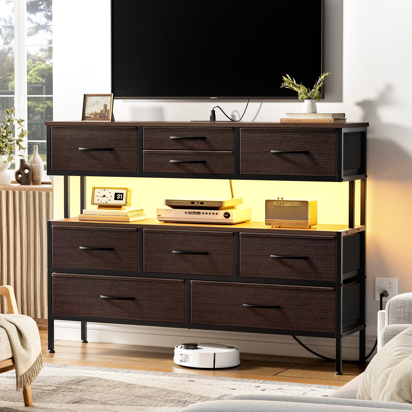 GUNAITO Dresser TV Stand with Charging Station and LED Lights, 55¡± TV Stand with 9 Drawers, Fabric Dresser for Bedroom, Steel Frame, Large Storage Chest of Drawers for Closet, Living Room, Brown
