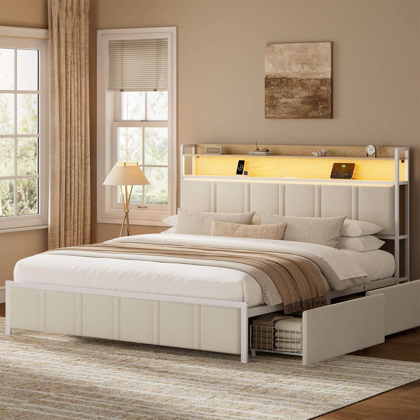 GUNAITO King Bed Frame with Storage Headboard, 2 Drawers Platform Velvet Upholstered LED Bed Frame with USB Ports & Outlets Beige