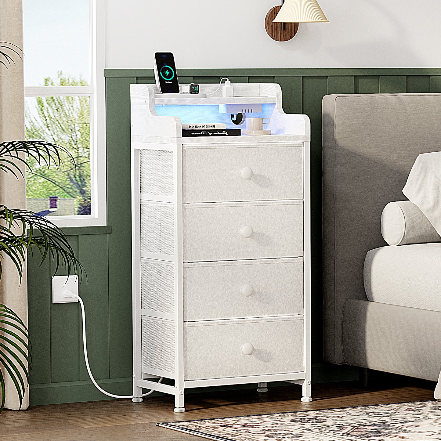 KOUSEI 4 Drawer Dresser for Bedroom with Charging Station and LED Lights, White Chest of Drawers with with Shelves, Tall Night Stand with Sturdy Steel Frame & Wood Top for Bedroom - Leather White