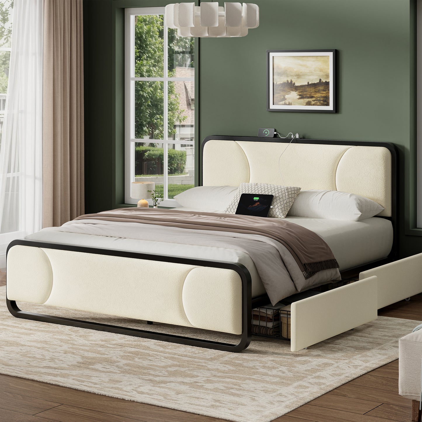 GUNAITO Full Size Bed Frame with Headboard and 2 Storage Drawers Velvet Upholstered Bed Frame with Charging Station, Beige