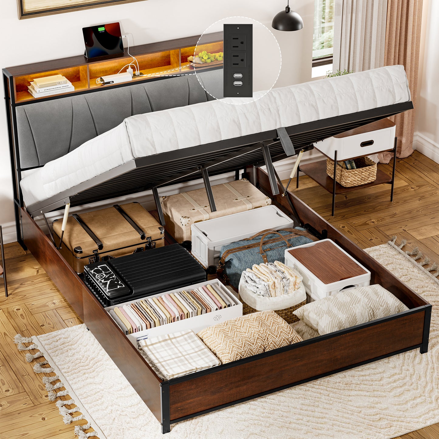 GUNAITO Queen Lift Up Bed Frame Storage Platform Bed with Wingback Headboard Upholstered Bed Frame with Charging Station & LED Lights