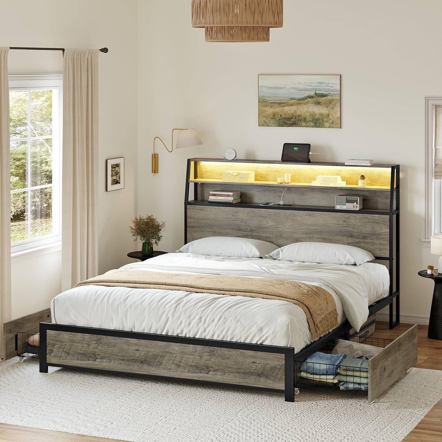 GUNAITO Queen Bed Frame with Storage Headboard, 2 Drawers Platform LED Bed Frame with USB Ports & Outlets Gray