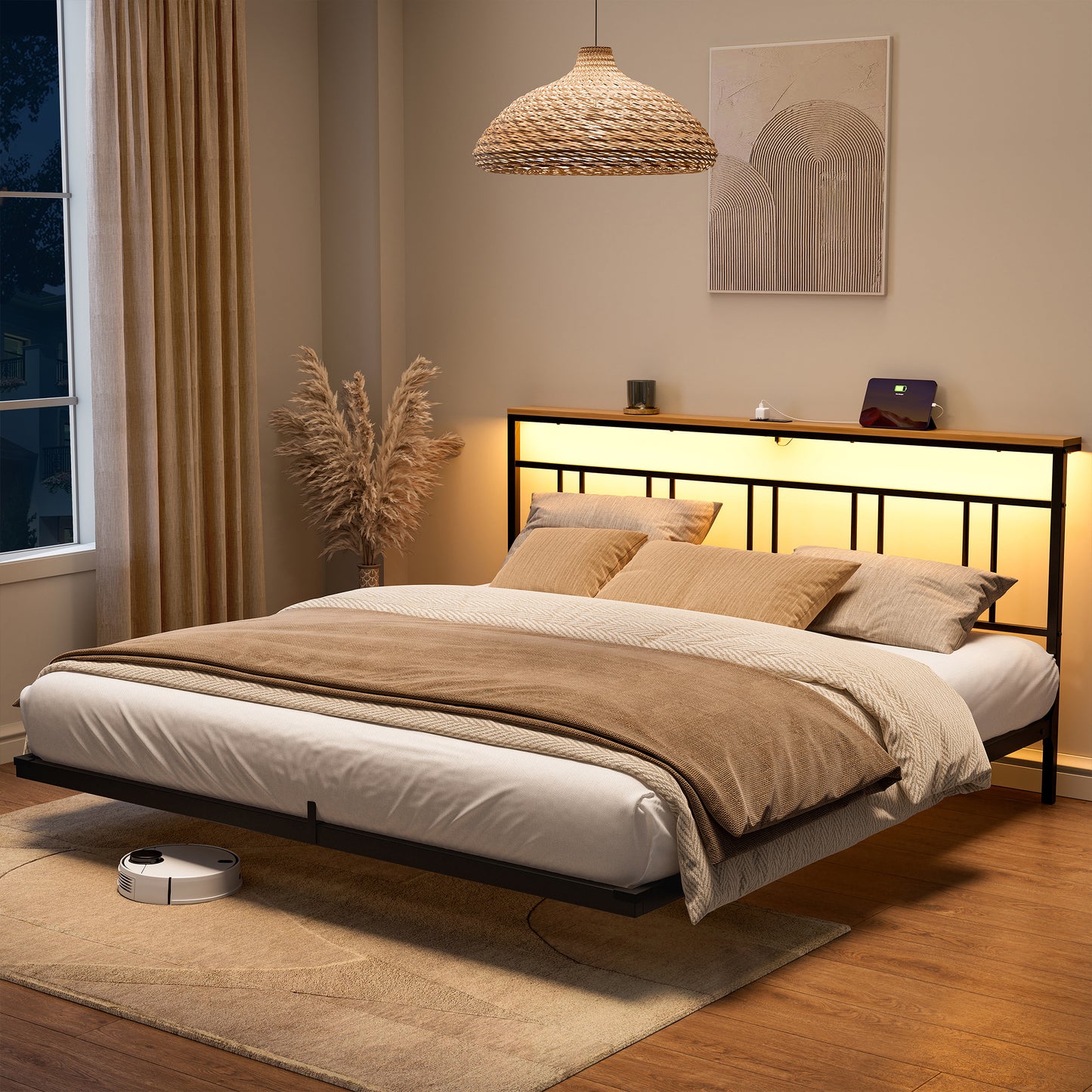 GUNAITO King Size Floating Bed Frame Metal Platform Bed with LED Lights & Charging Station Modern Bed with Headboard and Under-bed Storage Black