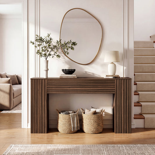 GUNAITO Farmhouse Console Table, 61" Fluted Long Sofa Table Behind Couch with Storage for Entryway, Walnut