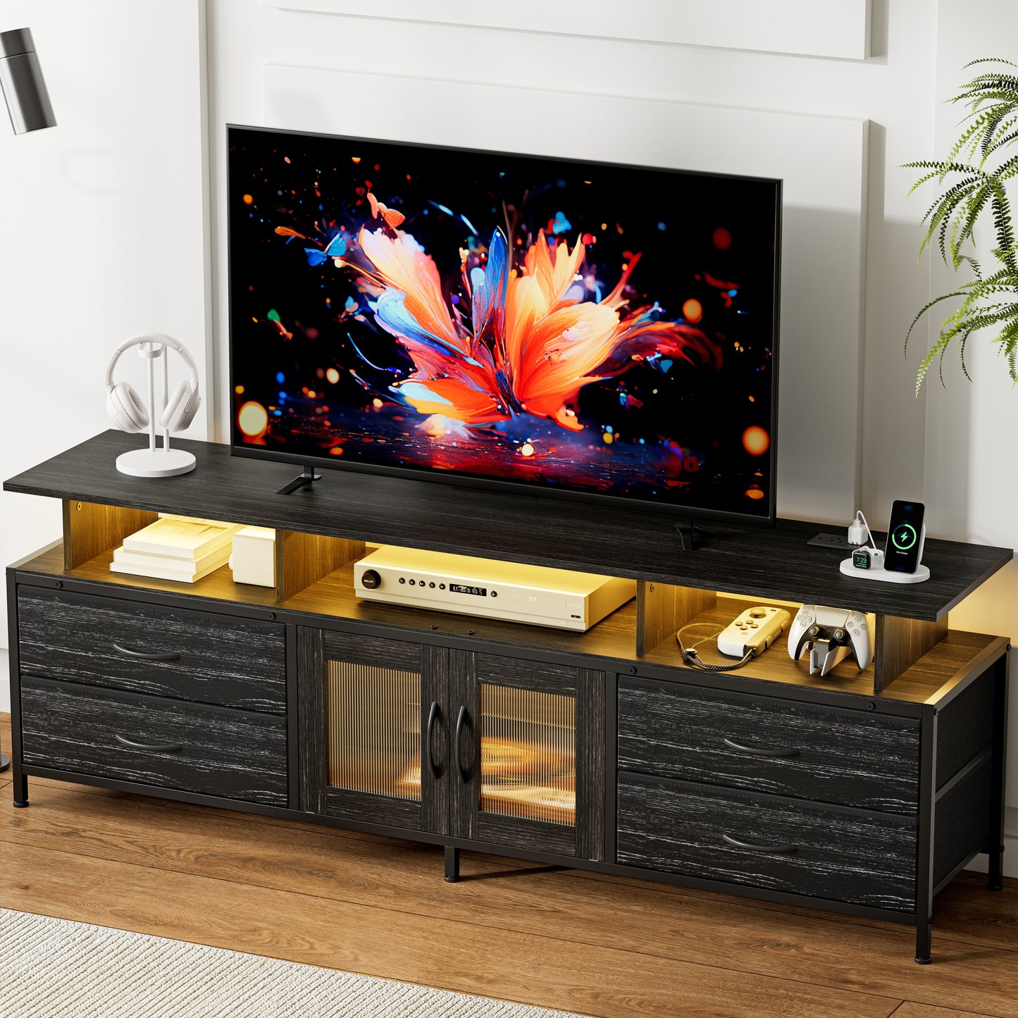 GUNAITO TV Stand for TV up to 75", Big TV Stand for Living Room Entertainment Center with LED Lights and Storage , Black oak