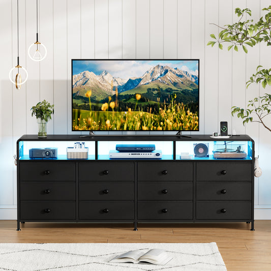 GUNAITO TV Stand for TVs up to 75", Big TV Stand with 12 Fabric Drawers and LED Lights, Entertainment Center with Storage and Shelves for Living Room, Black