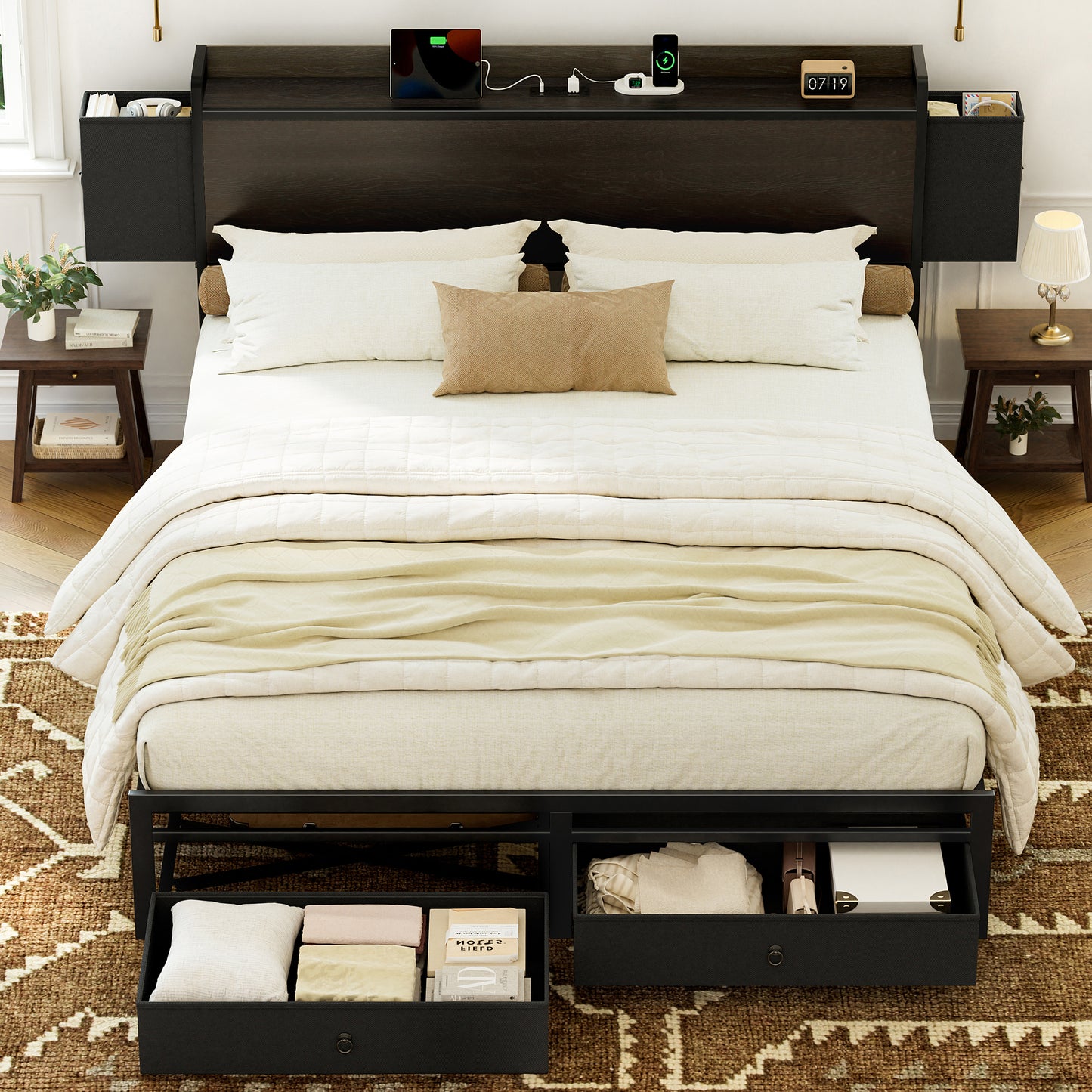 GUNAITO Full Size Platform Bed Frame with 2 Drawer and Storage Headboard
