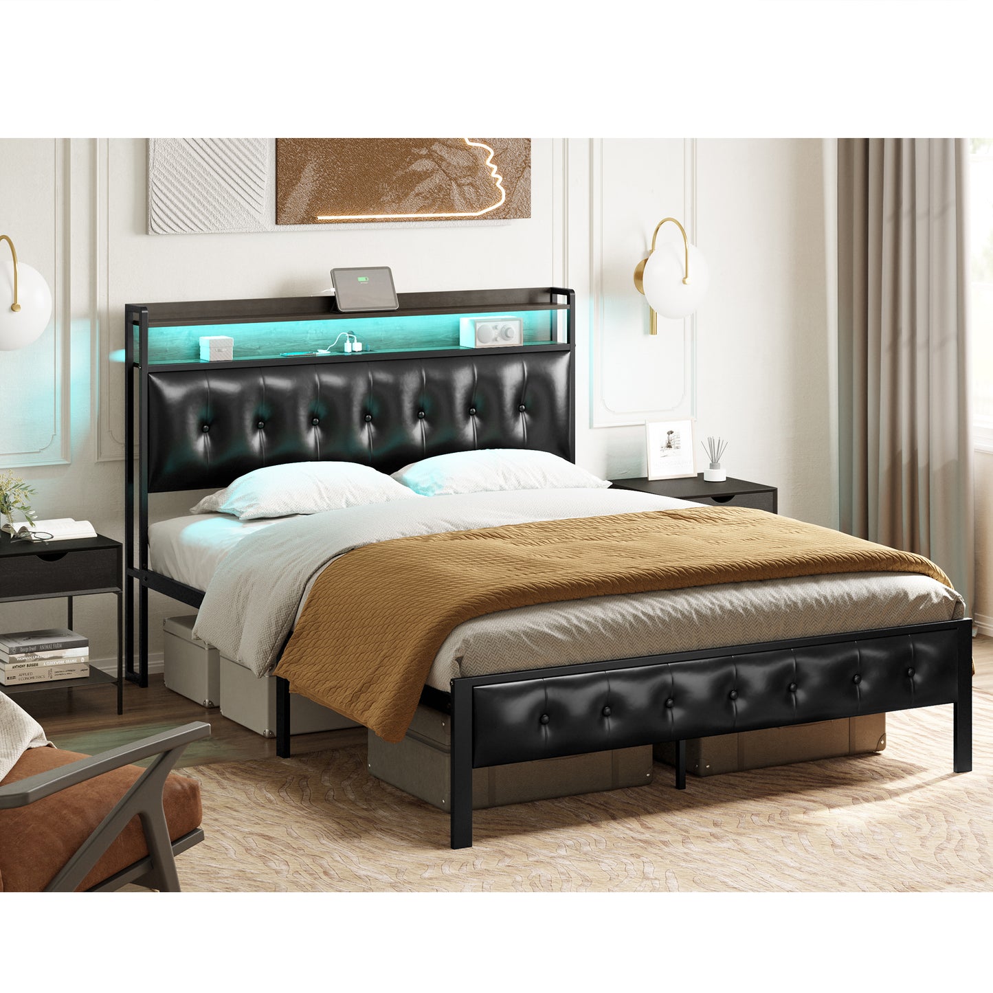 GUNAITO Queen Size Bed Frame with Wooden Headboard Metal Platform Bed Frame with LED Lights Charging Station Rustic Brown