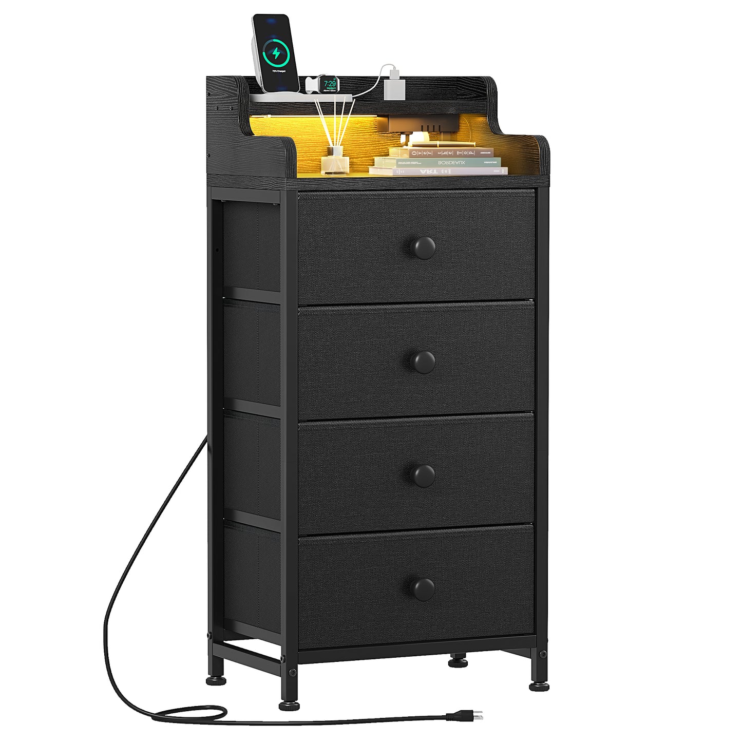 GUNAITO Dresser for Bedroom with Charging Station and LED Lights, 4 Drawers Dresser Black Chest of Drawers with Shelves, Tall Night Stand with Sturdy Steel Frame & Wood Top for Bedroom - Black Grey