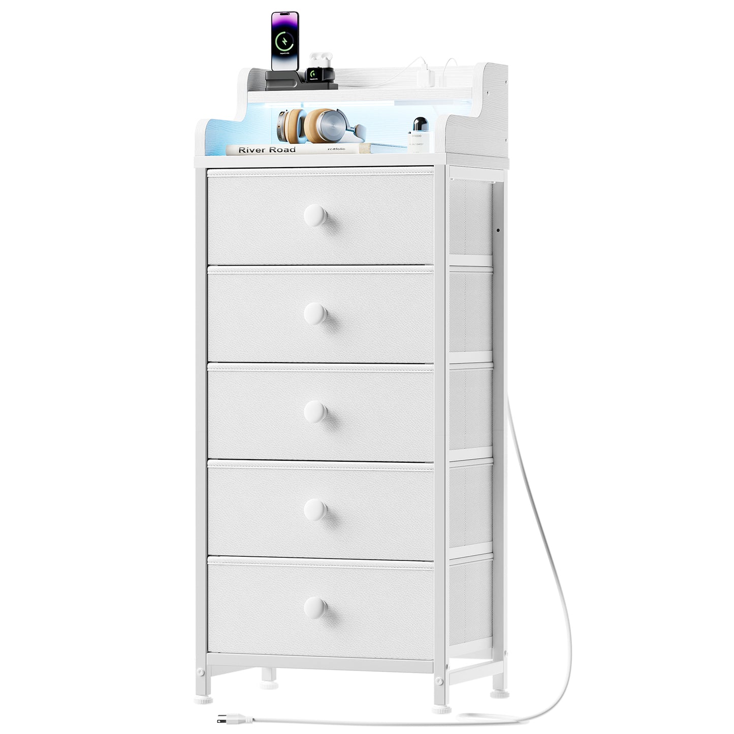 GUNAITO 5 Drawers for Bedroom with Charging Station, Bedside Table with LED Lights Strips, Modern End Table White GUNAITO 5 Drawers for Bedroom with Charging Station, Bedside Table with LED Lights Strips, Modern End Table White