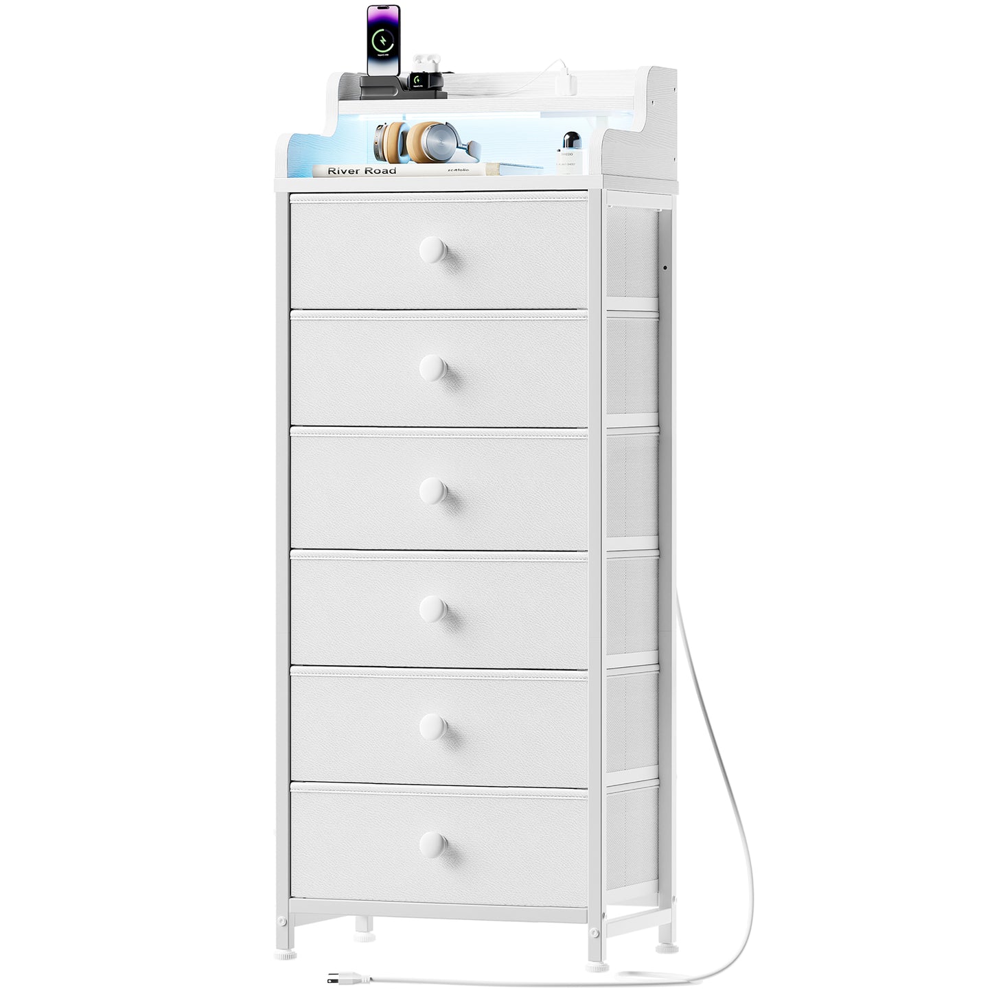 GUNAITO 6 Drawer Dresser for Bedroom with Charging Station and LED Lights, White Chest of Drawers with with Shelves, Tall Night Stand with Sturdy Steel Frame & Wood Top for Bedroom - Leather White