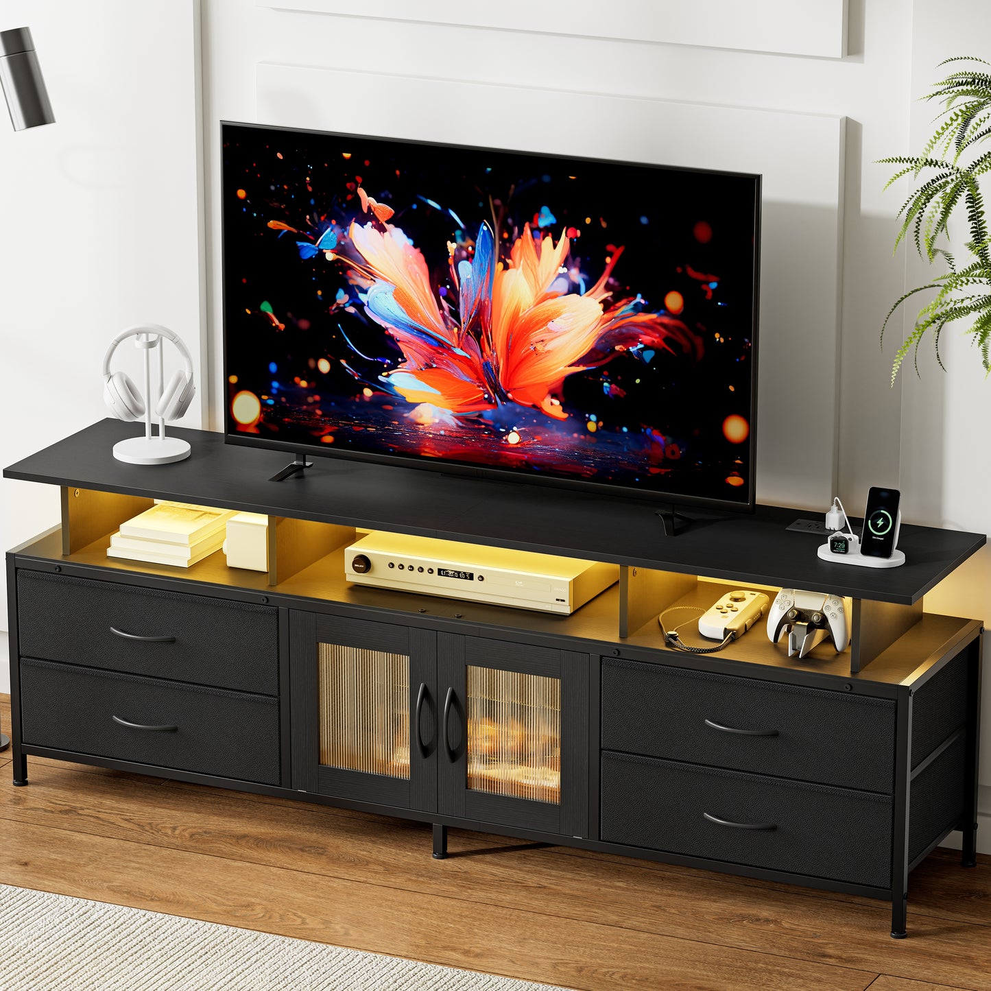 GUNAITO TV Stand for TV up to 75", Big TV Stand for Living Room Entertainment Center with LED Lights and Storage , Black