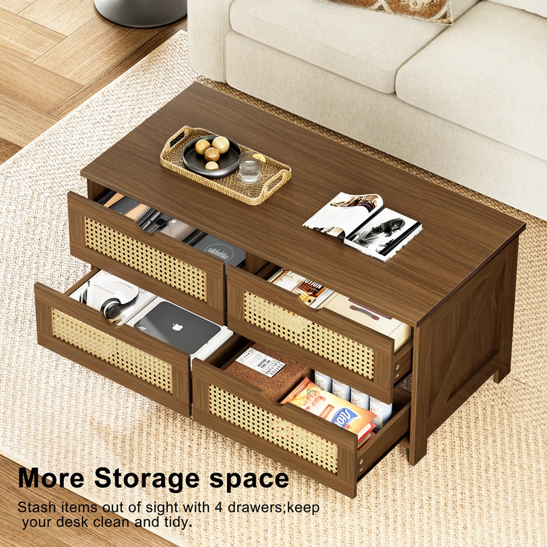 GUNAITO Wooden Coffee Table with 4 Drawers, Weave Rattan Design for Living Room, 42''H in, light brown, Rectangle