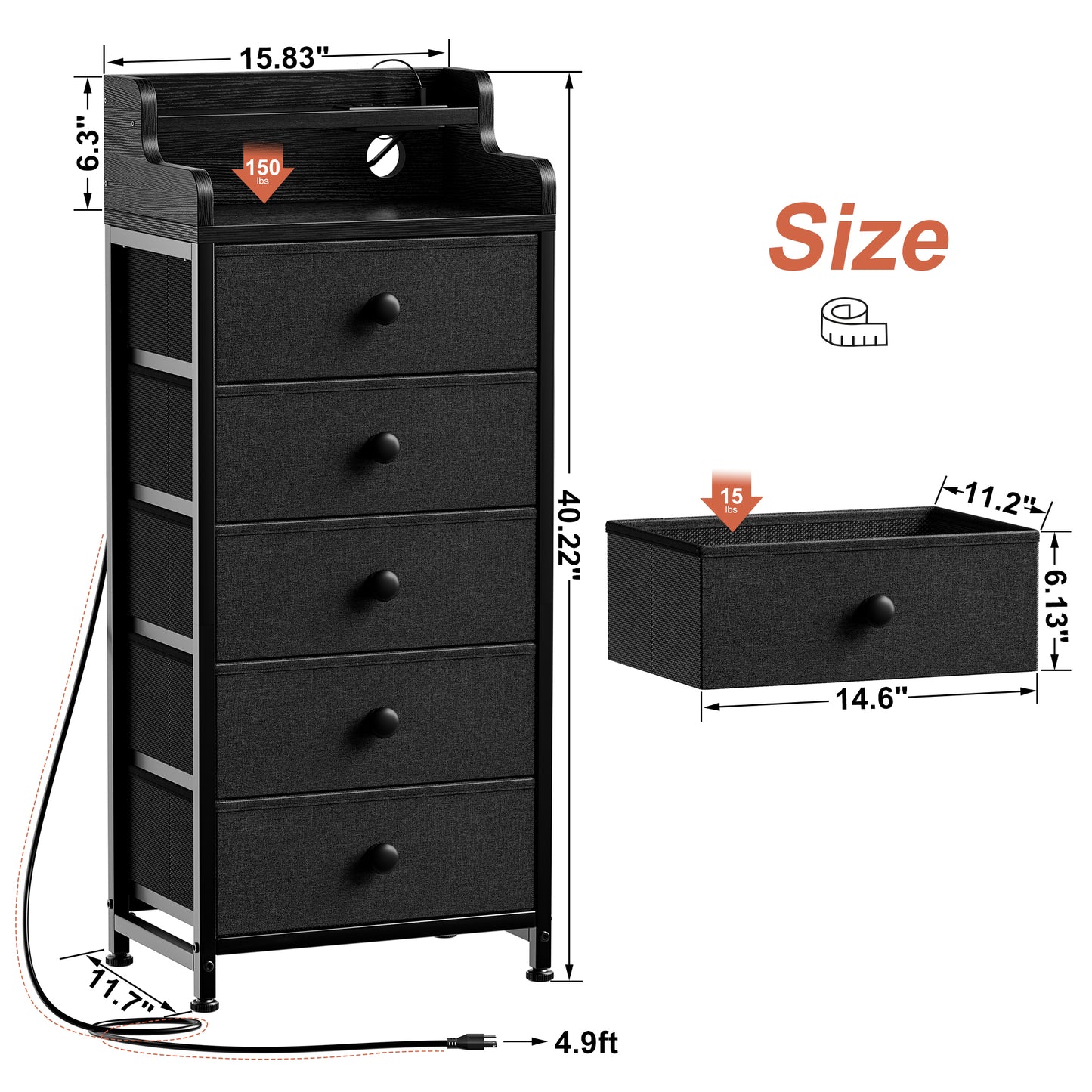 GUNAITO 5 Drawer Dresser Chest of Drawers LED Dressers for Bedroom with Power Outlets Wooden Top Steel Frame for Adults Black
