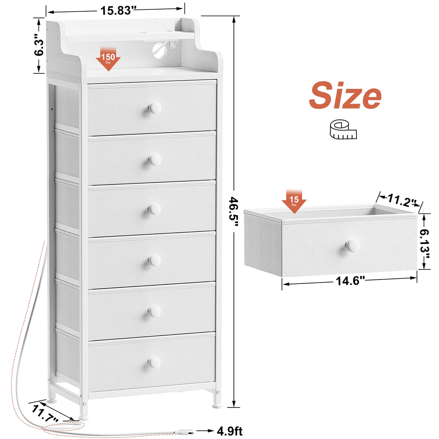 GUNAITO 6 Drawer Dresser for Bedroom with Charging Station and LED Lights, White Chest of Drawers with with Shelves, Tall Night Stand with Sturdy Steel Frame & Wood Top for Bedroom - Leather White