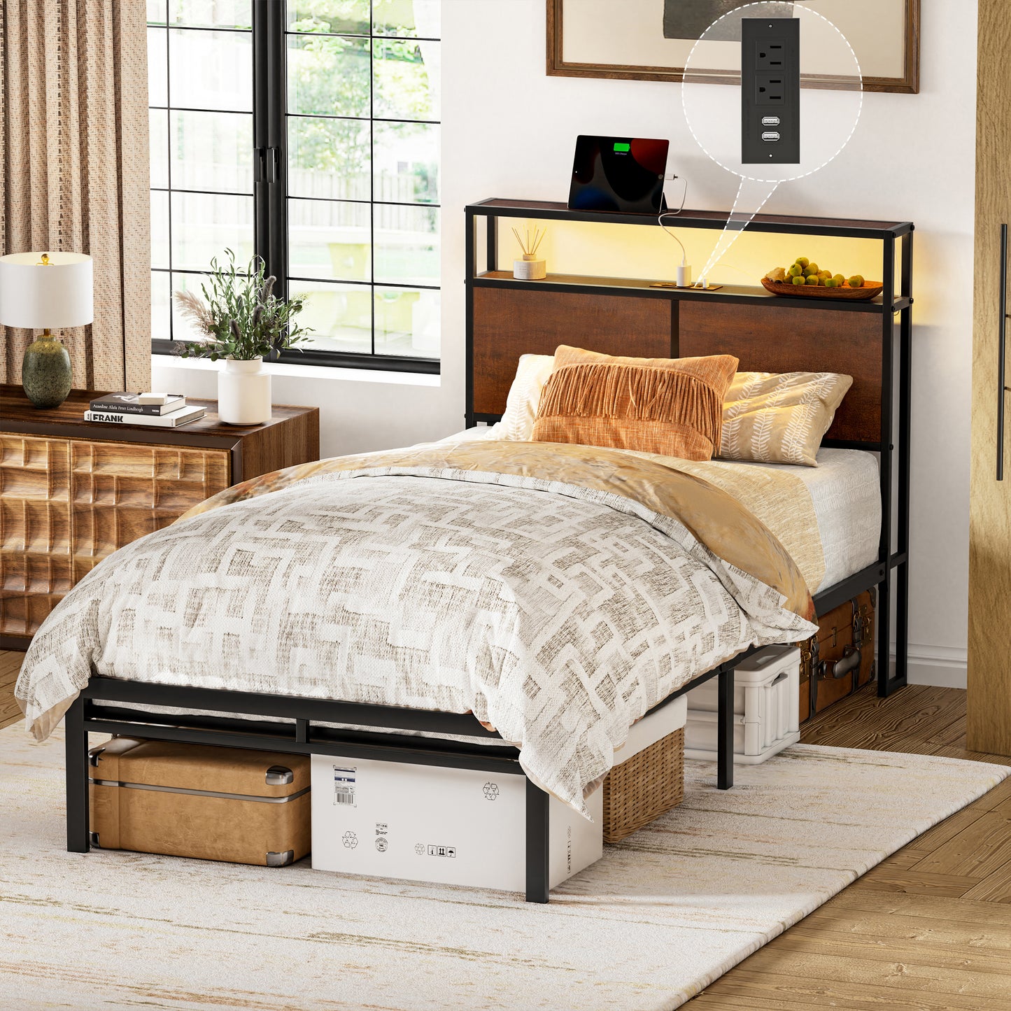 GUNAITO Twin Size Bed Frame with Wooden Headboard Metal Platform Bed Frame with LED Lights Charging Station Rustic Brown