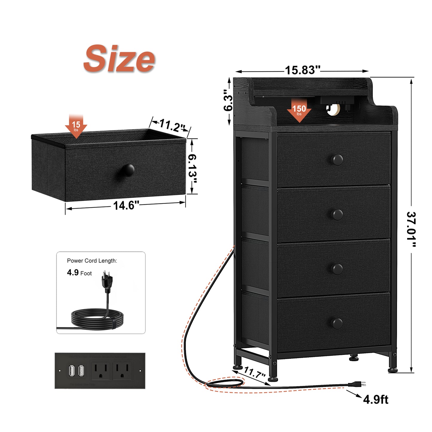 GUNAITO Dresser for Bedroom with Charging Station and LED Lights, 4 Drawers Dresser Black Chest of Drawers with Shelves, Tall Night Stand with Sturdy Steel Frame & Wood Top for Bedroom - Black Grey