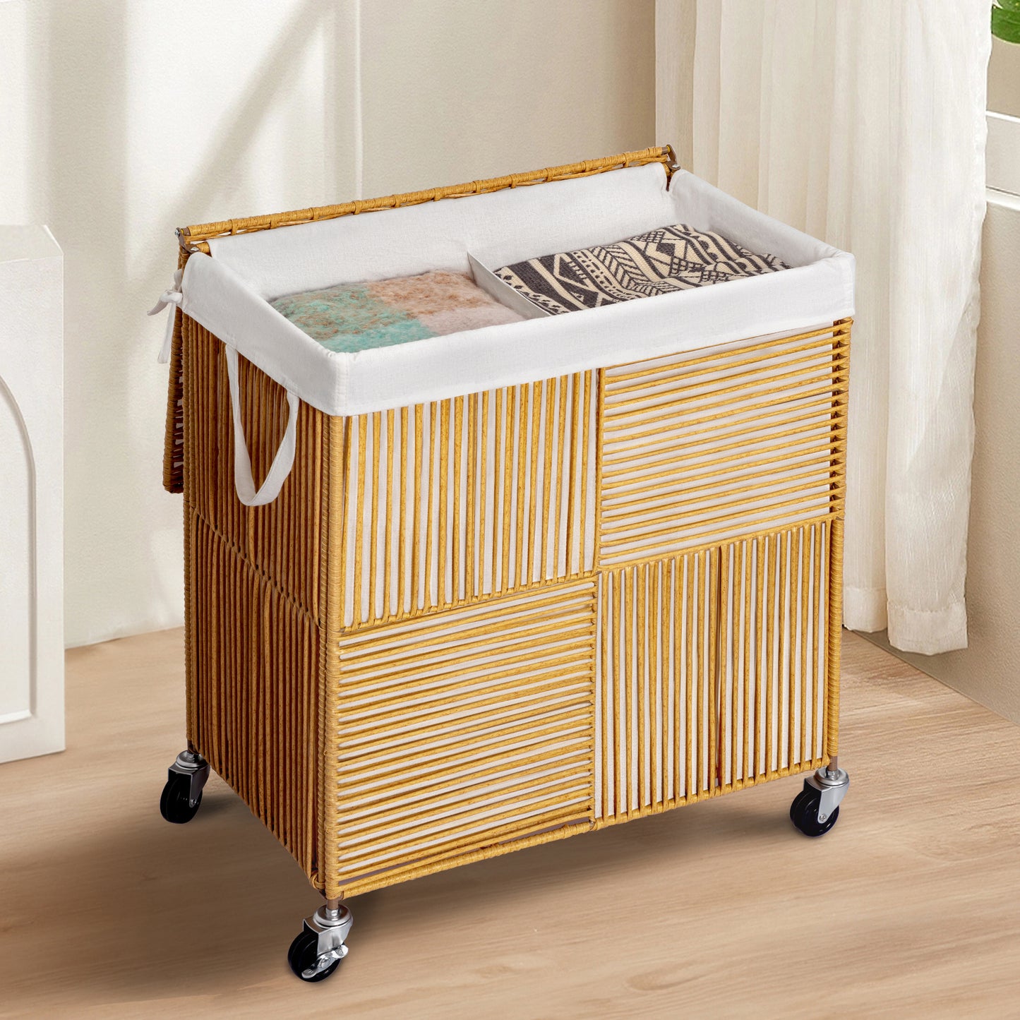 GUNAITO 115L Laundry Hamper with Lid and Wheels Handwoven Rattan Laundry Basket Rolling Clothes Hamper with Divided Liner Bag (Harvest Gold)