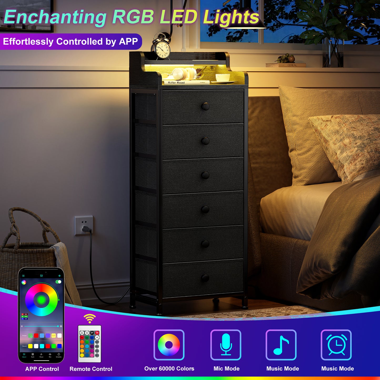 GUNAITO Dresser for Bedroom with Charging Station and LED Lights, 6 Drawers Dresser Black Chest of Drawers with Shelves, Tall Night Stand with Sturdy Steel Frame & Wood Top for Bedroom - Black Grey