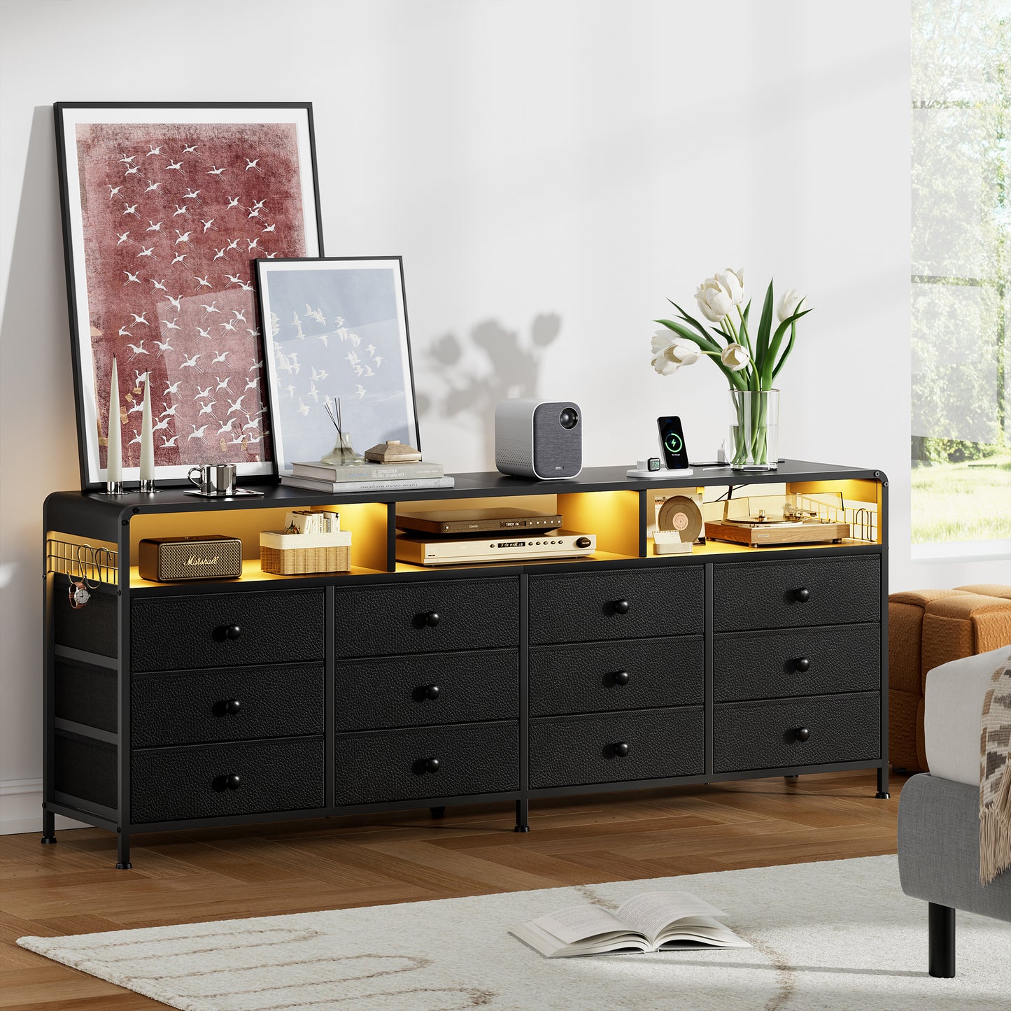 GUNAITO TV Stand for TVs up to 75", Big TV Stand with 12 Fabric Drawers and LED Lights, Entertainment Center with Storage and Shelves for Living Room, Black