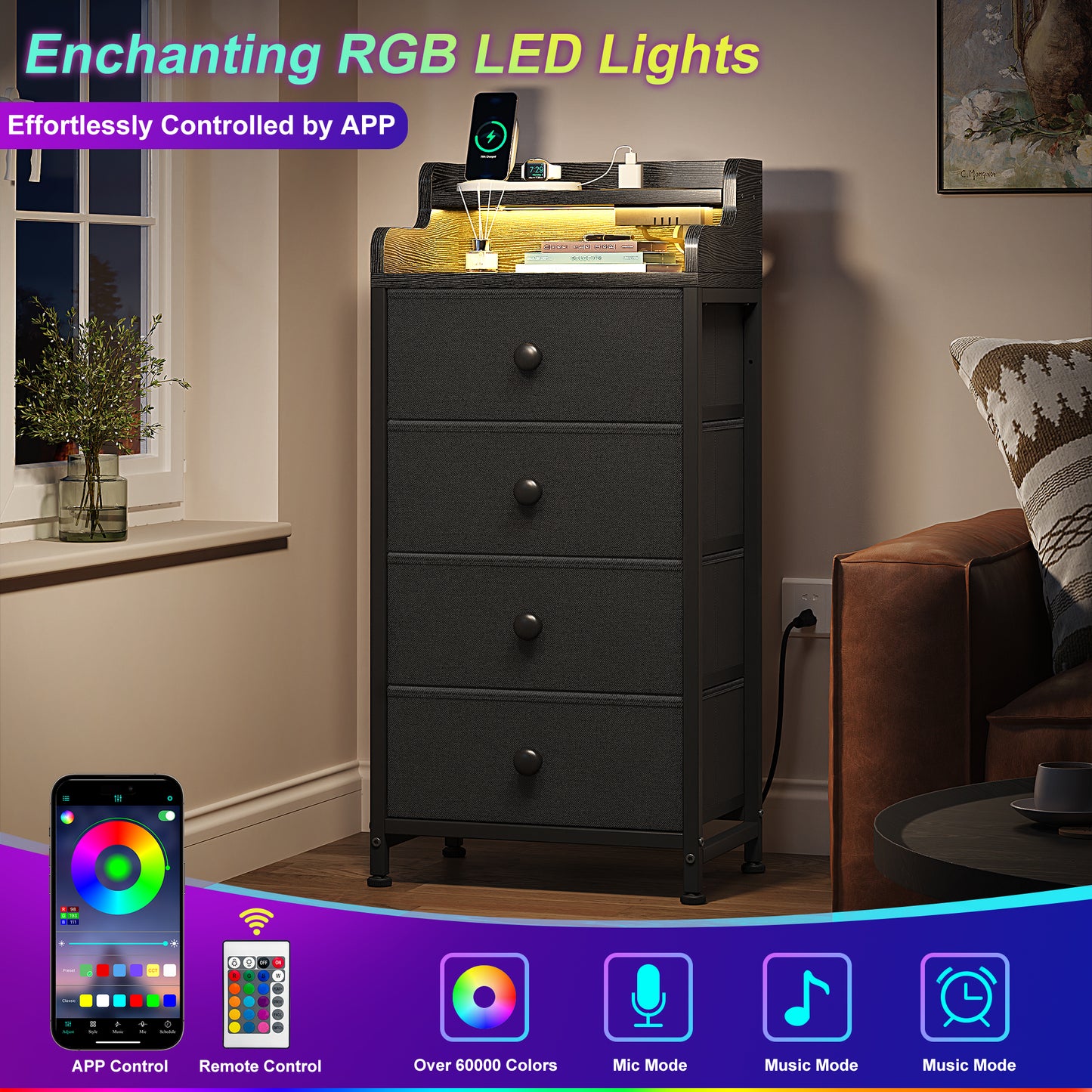GUNAITO Dresser for Bedroom with Charging Station and LED Lights, 4 Drawers Dresser Black Chest of Drawers with Shelves, Tall Night Stand with Sturdy Steel Frame & Wood Top for Bedroom - Black Grey