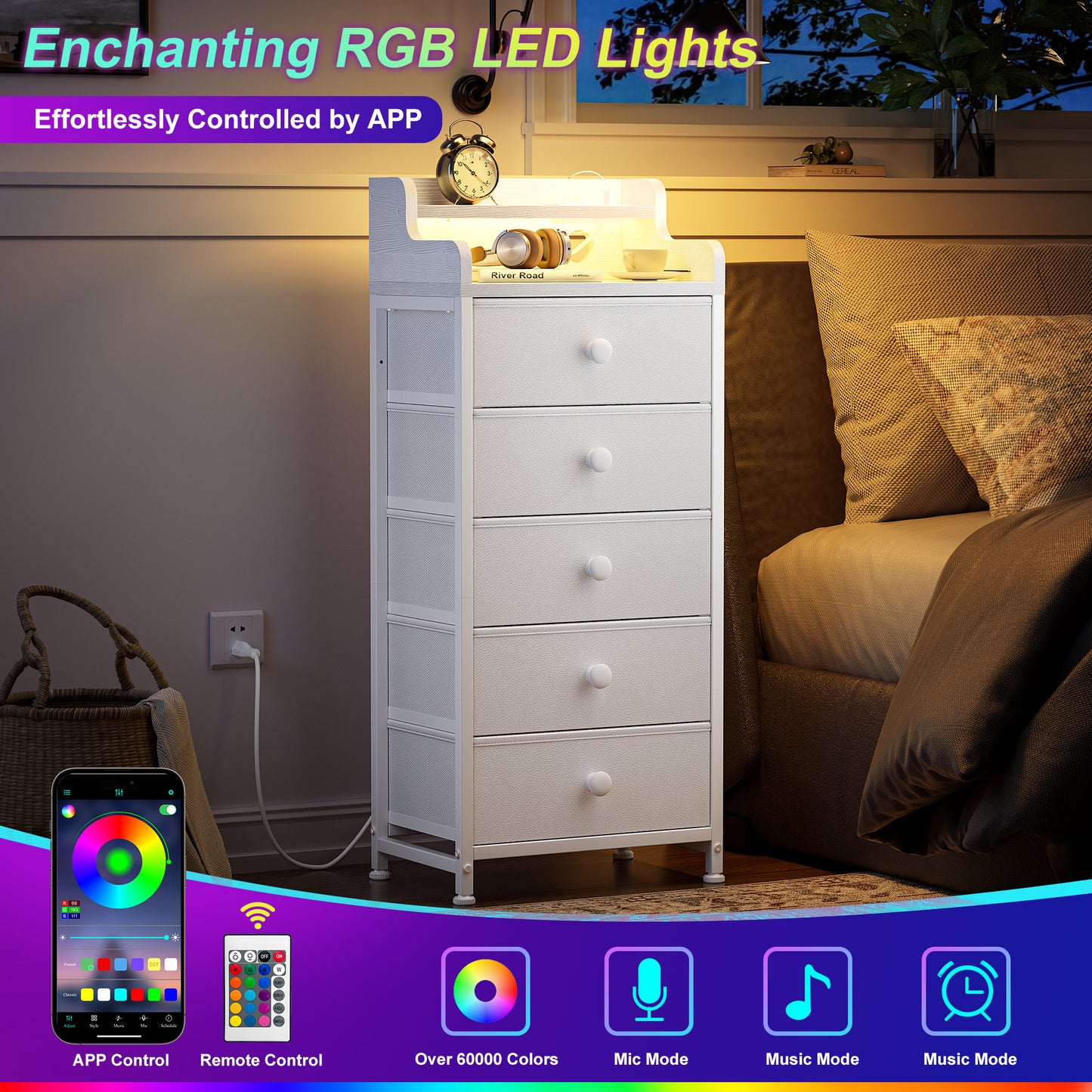 GUNAITO 5 Drawers for Bedroom with Charging Station, Bedside Table with LED Lights Strips, Modern End Table White GUNAITO 5 Drawers for Bedroom with Charging Station, Bedside Table with LED Lights Strips, Modern End Table White