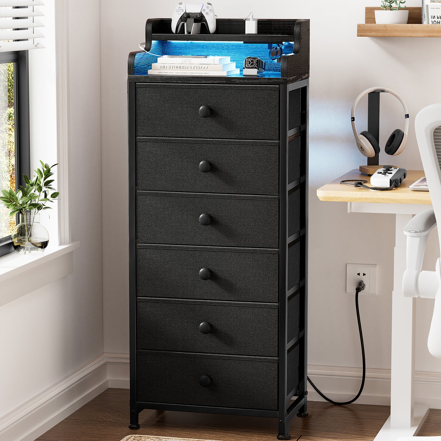 GUNAITO Dresser for Bedroom with Charging Station and LED Lights, 6 Drawers Dresser Black Chest of Drawers with Shelves, Tall Night Stand with Sturdy Steel Frame & Wood Top for Bedroom - Black Grey