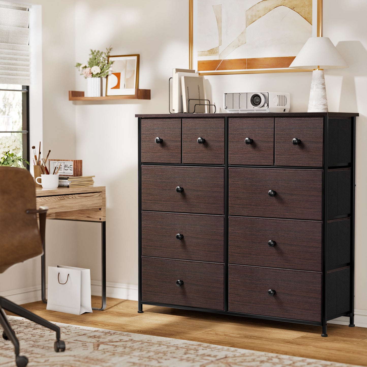 GUNAITO Dressers for Bedroom with 10 Drawer Fabric Chest of Drawers Storage Drawer Unit Tower Luxury Leather Finish Rustic Brown